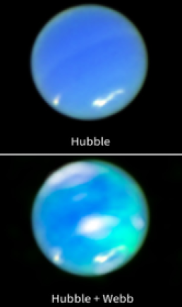 Top is an enhanced-colour image of Neptune from Hubble, while below is that image combined with JWST data, with cyan splotches representing auroral activity.