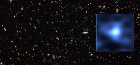 Two teams of astronomers have independently detected oxygen in the most distant known galaxy,  JADES-GS-z14-0 (shown).