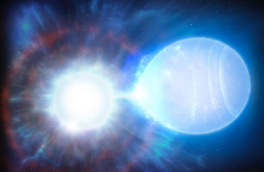 A digital illustration of the immense explosion of this double white dwarf binary star system, named WDJ181058.67+311940.94. In this picture, the binary is captured in the moment where the first white dwarf has just exploded, hurtling material towards its nearby companion which is on the cusp of explosion too.